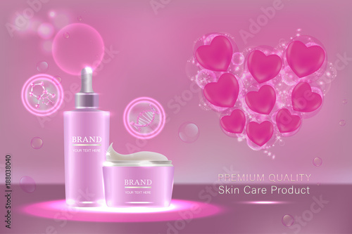 Pink cosmetic containers with advertising background ready to use, valentines concept skincare ad. Illustration vector.