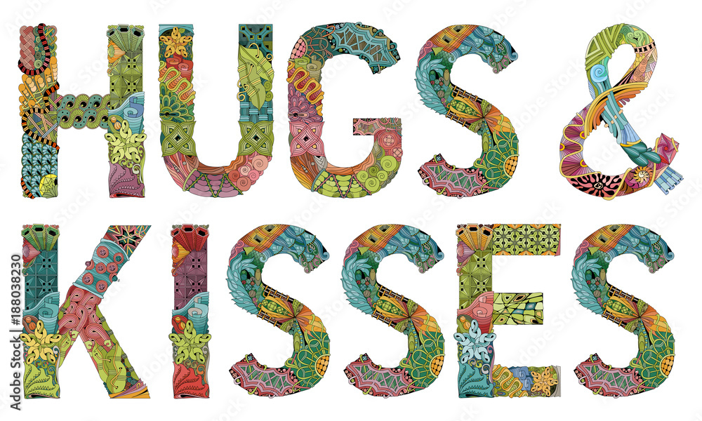 Words hugs and kisses. Vector decorative zentangle object Words hugs and kisses. Vector decorative zentangle object