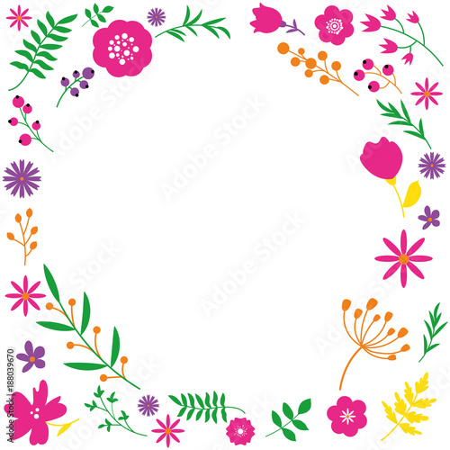 Spring floral circle frame design on white background.