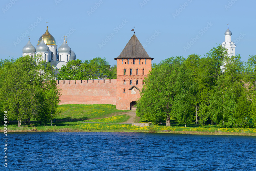 View of the Vladimir tower and domes of St. Sophia Cathedral in the May sunny day. Kremlin of Veliky Novgorod, Russia