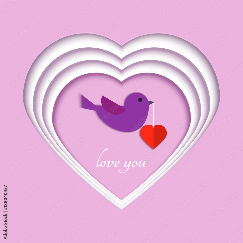 Paper art carve layers of hearts, a bird flies with a heart in its beak. Origami papercut concept and Valentine's day idea, vector art and illustration. Symbol of love for greeting card.
