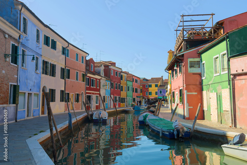 A sunny day on the city canal of the colorful Burano Island. Venice