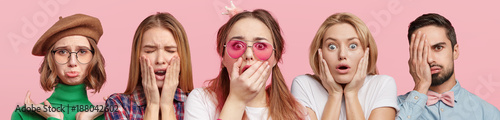 People have some problems in life, look with stupefied and unhappy expressions, isolated on pink background. Pinup girl covers mouth, looks in terror, tired puzzled bearded man, unhappy woman in beret photo