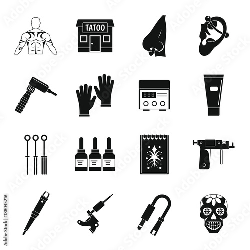 Tattoo parlor icons set, simple style