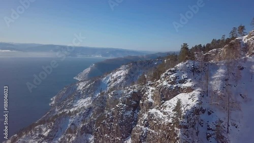 ProRes. Baikal lake shore and rocks from aerial view. Landscape.