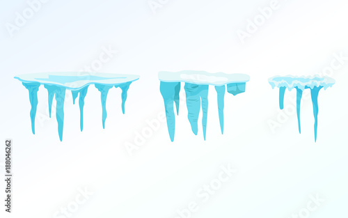Set of winter snow icicles, snowballs. Christmas snowflakes, decorations, snowdrift.