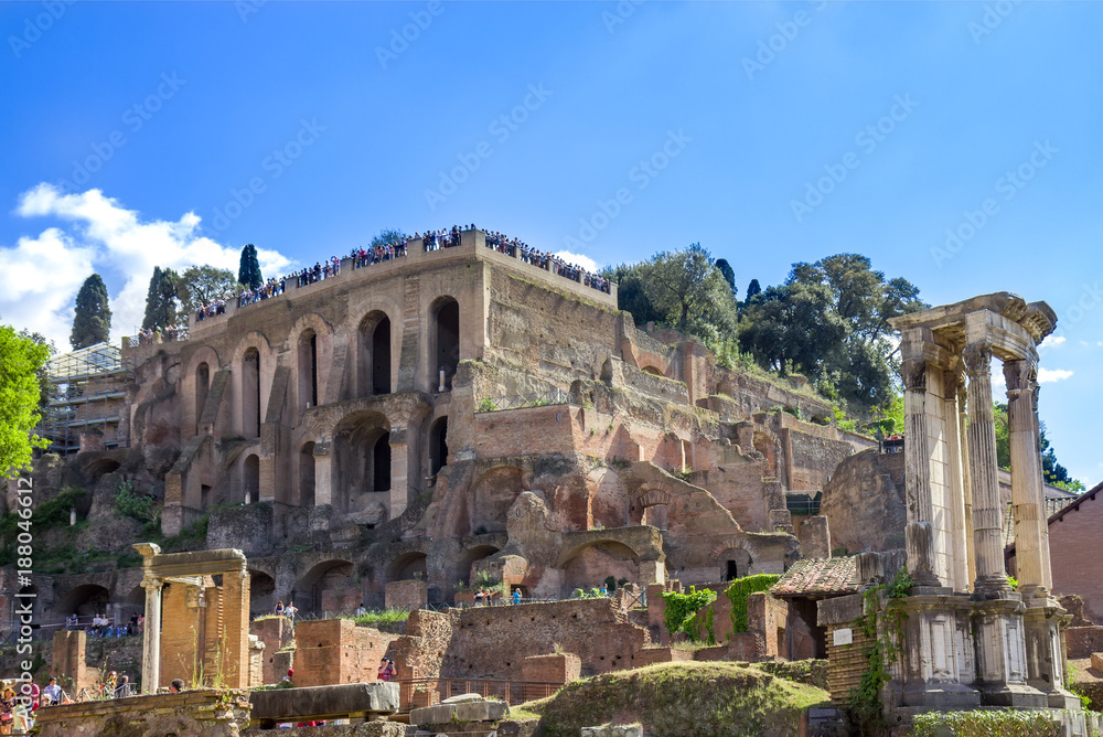 Temple of Castor and Pollux  and Palantine hill. The Ruins of Roman Forum, Rome. Italy.