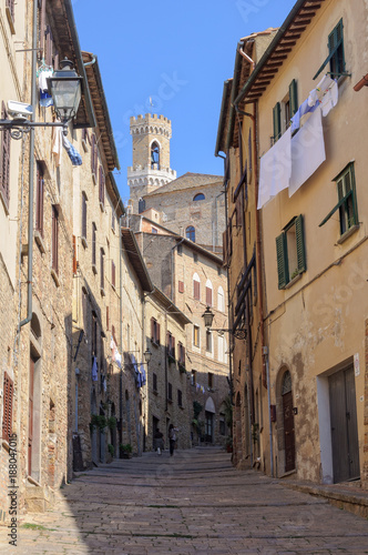 Fototapeta Naklejka Na Ścianę i Meble -  Walking up to the Town Hall Palazzo dei Priori - Volterra, Tuscany, Italy