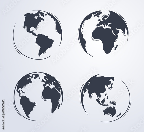 Hand drawn cute cartoon earth globe illustration from four different view
