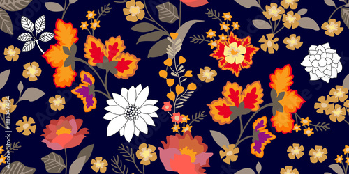 Folk art style border. Seamless floral pattern with blooming flowers and grey leaves. 