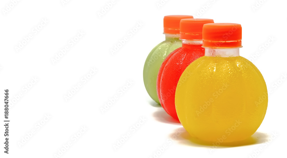 Colourful of sweet drinking water lined up in a vertical row on the right side of the white background Colourful of sweet drinking water lined up in a vertical row on the right side of the white background