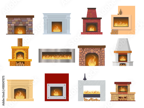 Set fireplace made of colored bricks, natural stone, gypsum, flame.