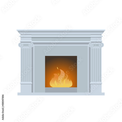 Classic fireplace made of natural stone  gypsum  with burning flame.