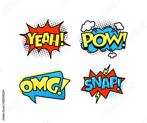 Collection of bright, colorful, multi-colored speech bubbles, with text, texture.