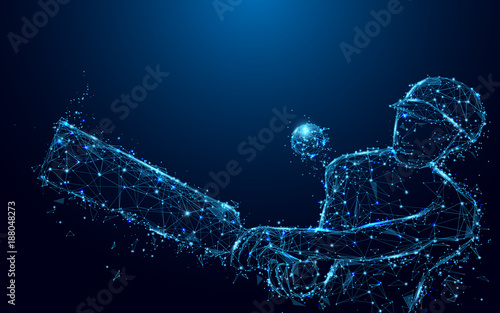 Abstract batsman playing cricket from form lines and triangles, point connecting network on blue background. Illustration vector