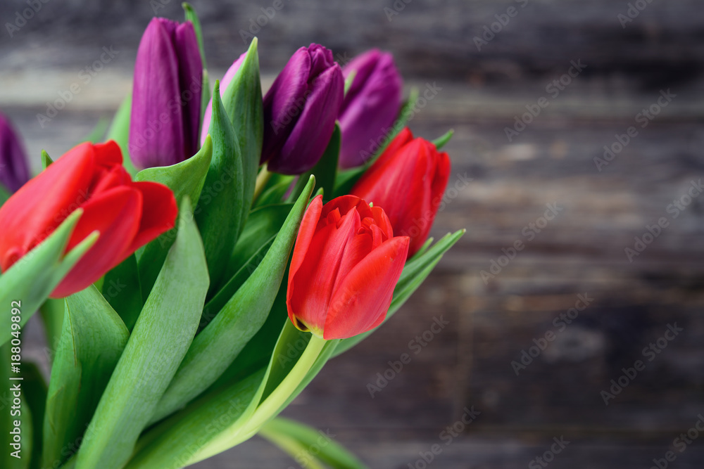 bouquet of red and violet tulips in front of wooden background