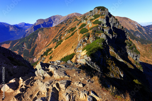 Poland, Tatra Mountains, Zakopane - Goryczkowa Czuba and Wysokie Wrotka peaks, Czerwone Wierchy peaks and Western Tatara in background