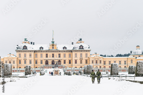View over Drottningholm Palace on a winter day. Home residence of Swedish royal family. Famous landmark and tourist destination in Stockholm, Sweden