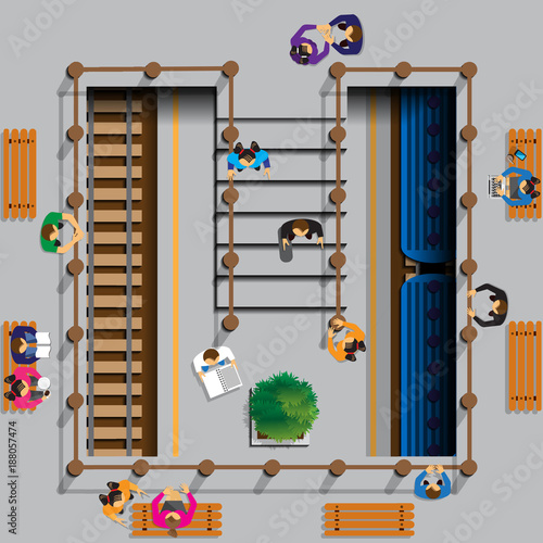 People on subway platform. View from above. Vector illustration.