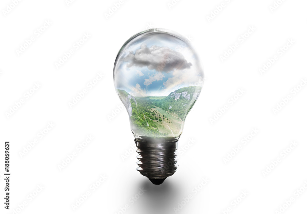 the landscape in the light bulb isolate on white gray background