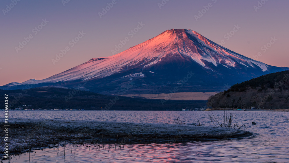 真冬の朝、山中湖からの紅富士