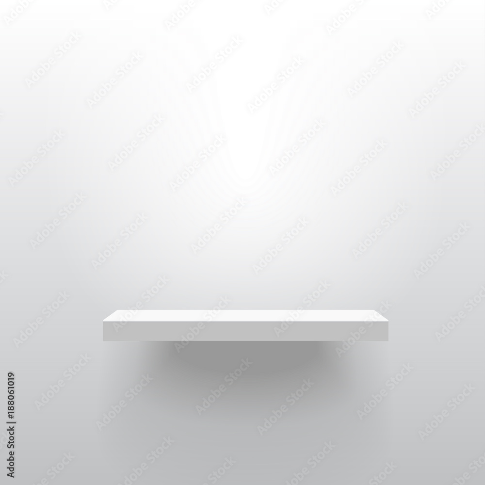 White realistic vector shelf attached to the wall. Advertising equipment mockup in 3d style. Exhibition furniture, isolated, light grey colored. Empty template for product display.