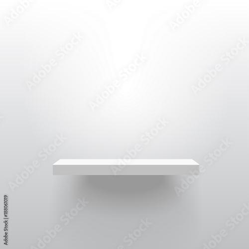 White realistic vector shelf attached to the wall. Advertising equipment mockup in 3d style. Exhibition furniture, isolated, light grey colored. Empty template for product display.