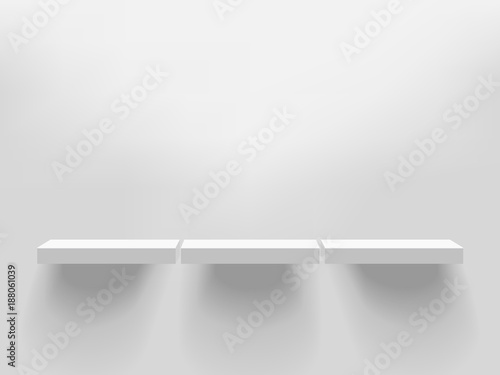 Three white realistic vector shelves attached to the wall. Advertising equipment mockup in 3d style. Empty template for product display. Exhibition furniture, isolated, light grey colored.