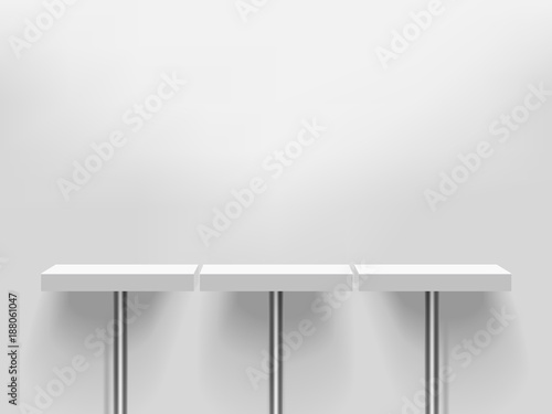 Three white realistic vector shelves or tables on one pole support. Advertising equipment mockup in 3d style. Empty template for product display. Exhibition furniture, isolated, light grey colored.