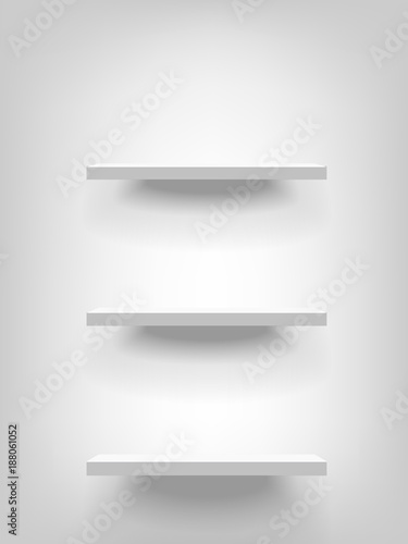 Three white realistic vector shelves attached to the wall vertically. Advertising equipment mockup in 3d style. Empty template for product display. Exhibition furniture, isolated, light grey colored.
