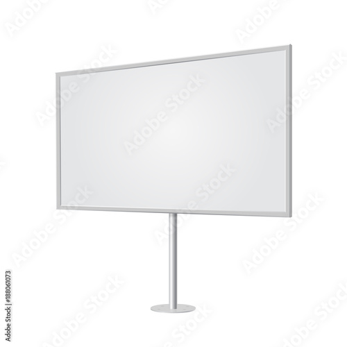 Outdoor board with single stand, in vector. Blank billboard with empty copy space, stand on one bar support. Highlighted with lamps, in perspective. White mockup with frame for commercial