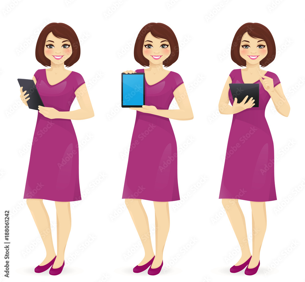 Woman in dress with tablet in different poses Woman in dress with tablet in different poses
