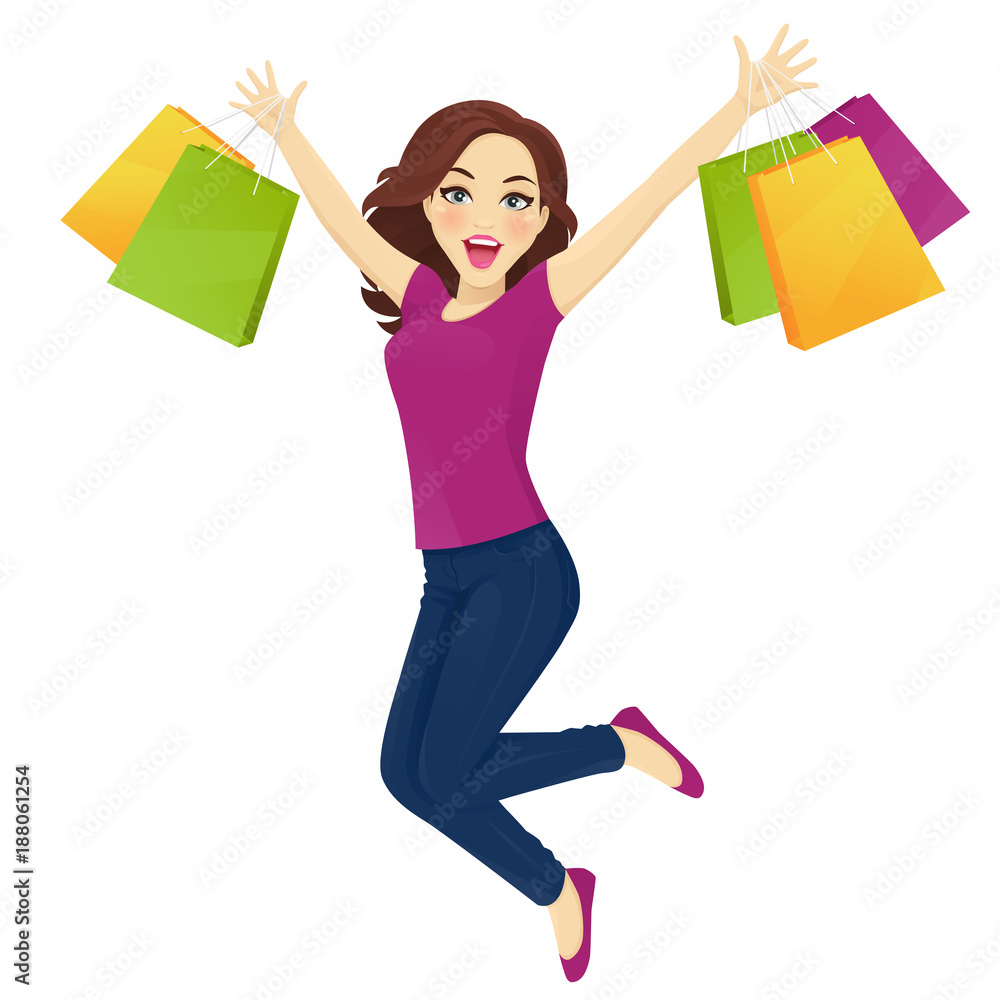 Women in jeans jumping with sopping bags vector illustration Women in jeans jumping with sopping bags vector illustration