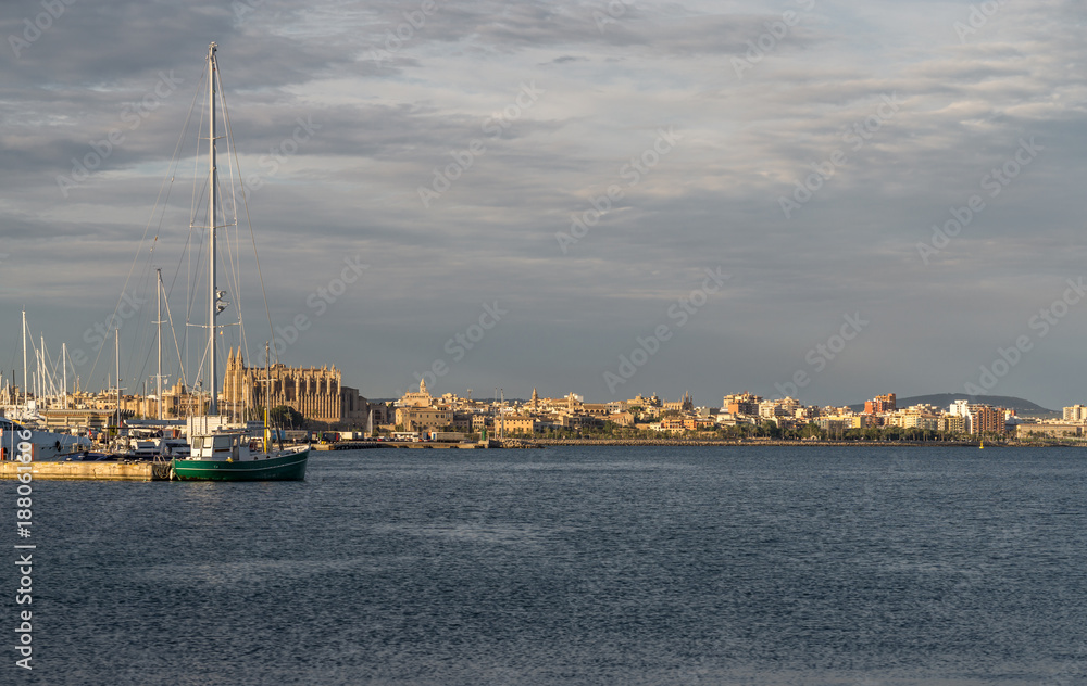 Palma de Mallorca Cathedral from the coast. Panoramic skyline Balearic islands of Spain
