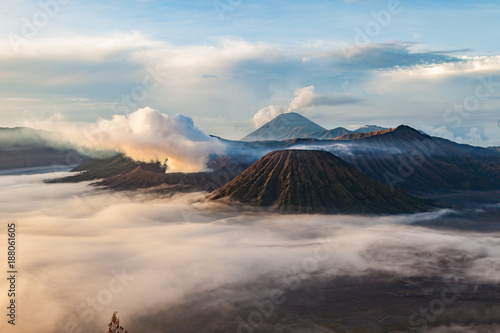 Mount Bromo volcano  Gunung Bromo  and Batok at morning from viewpoint on Mount Penanjakan in Bromo Tengger Semeru National Park  East Java  Indonesia.