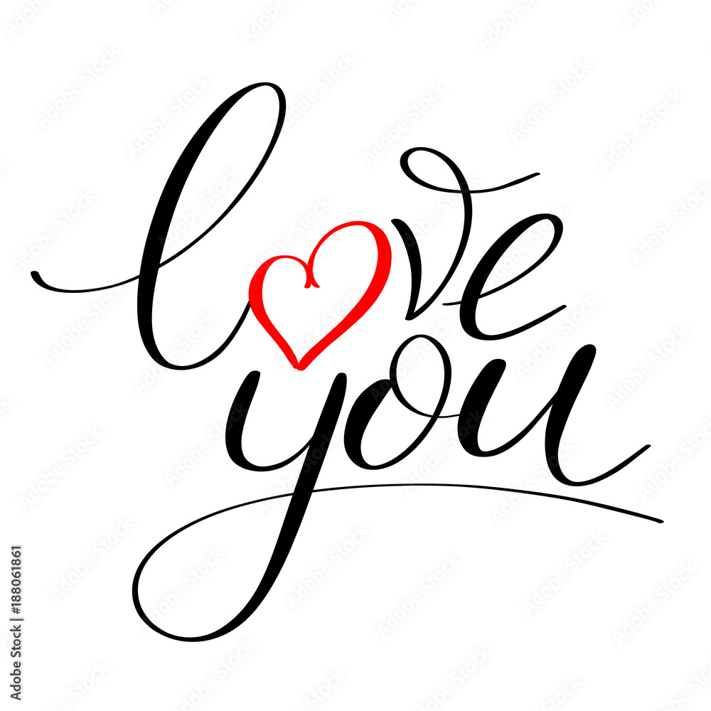 Love you with red heart text, Calligraphic love lettering Love you with red heart text, Calligraphic love lettering