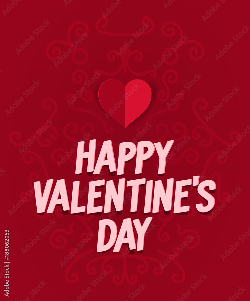 Happy valentine's day with red paper heart and paper text. Vintage flourish red background makes poster or flyer look more expensive and interesting.