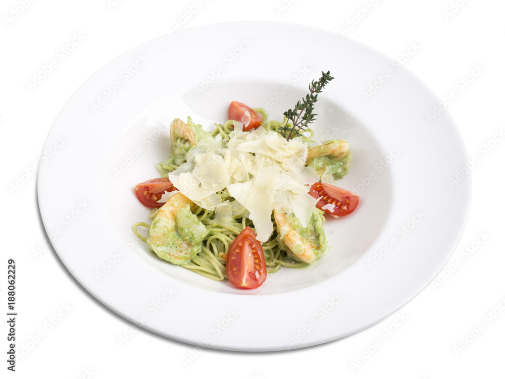 Spaghetti with shrimps and pesto. Spaghetti with shrimps and pesto.