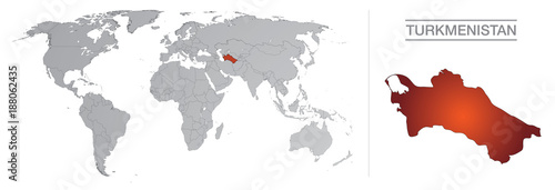Turkmenistan dans le monde, avec frontières et tous les pays du monde séparés 