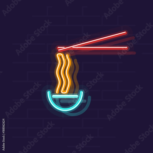 Neon ramen in bowl. Night illuminated wall street sign. Hot food in dark night. Isolated geometric style illustration on brick wall background.
