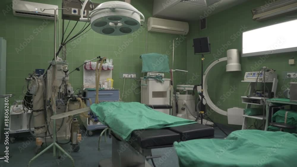 Empty operation room with surgical equipment, instruments, oxygen and