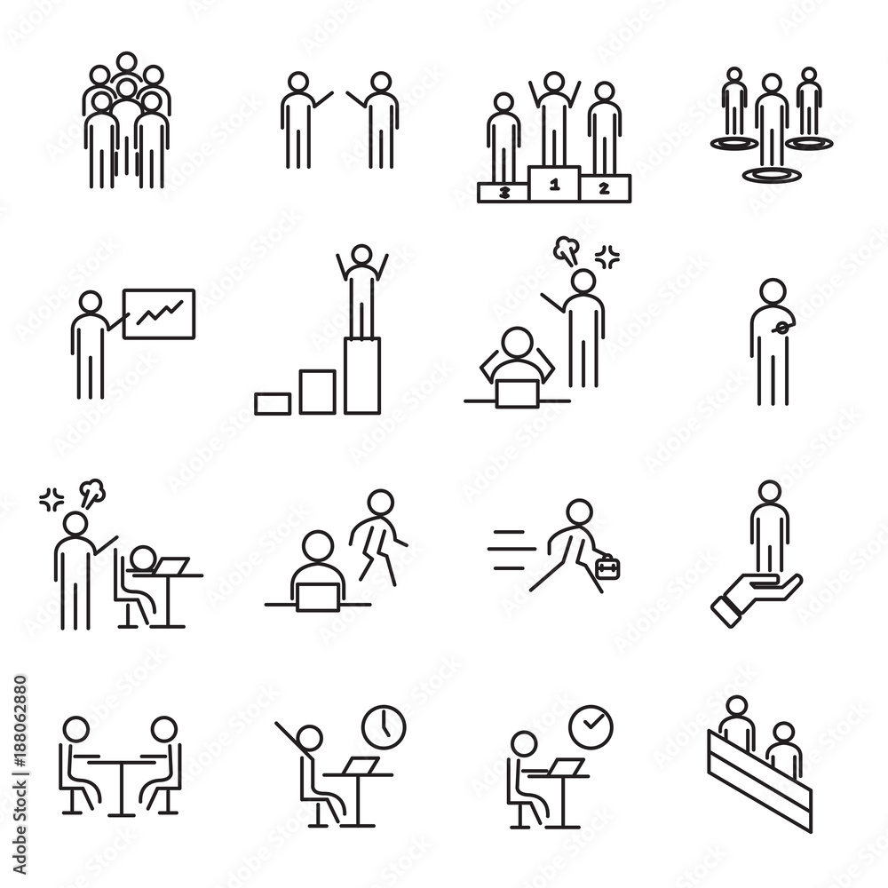 Fototapeta People in workplace thin line icon set vector. Office and management concept. Sign and Symbol theme. White isolated background. Illustration vector.