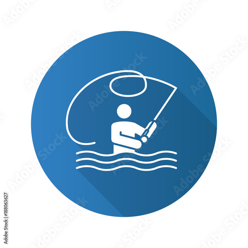 Fly fishing flat design long shadow glyph icon