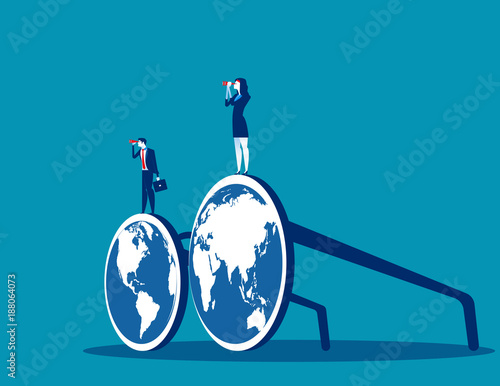Business team standing on eyeglass and searching world map for success. Concept business vector illustration.