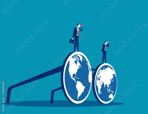 Business team standing on eyeglass and searching world map for success. Concept business vector illustration.