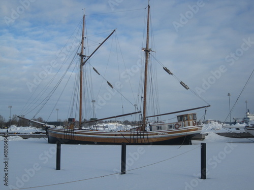 Sealing wooden boat, sea, snow, ice, Helsinki, Scandinavia