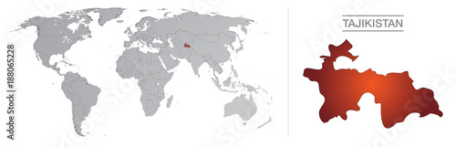 Tajikistan dans le monde, avec frontières et tous les pays du monde séparés 