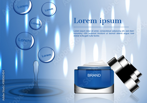 Opened cosmetic cream with water drop and small falling lights on blue background