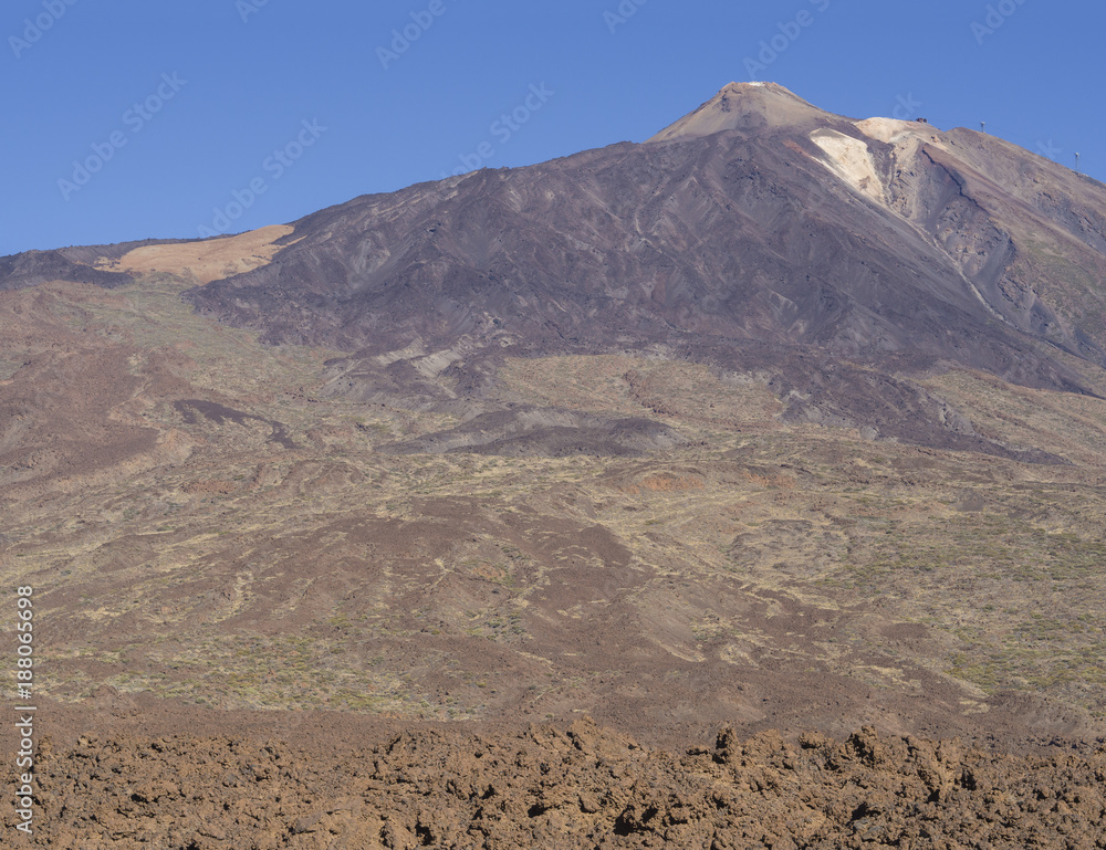 view on colorful volcano pico del teide highest spanish mountain in tenerife canary island with clear blue sky background horizontal view on colorful volcano pico del teide highest spanish mountain in tenerife canary island with clear blue sky background horizontal