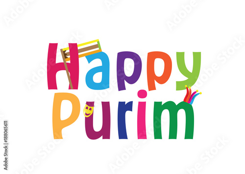 Happy Purim jewish Holiday English greeting banner - with the holiday elements